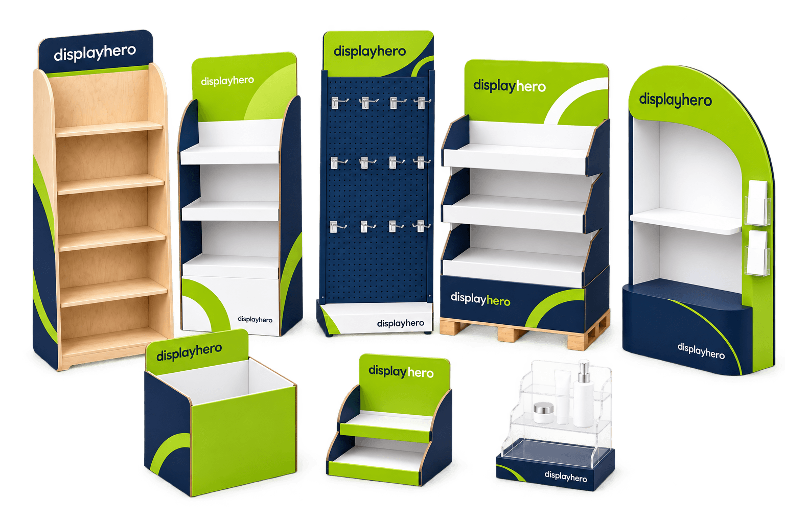 Otto modelli Displayhero in verde lime e blu navy: espositori da terra, da banco, su pallet, in legno e a ganci, un cestone, un supporto in acrilico e un espositore su misura